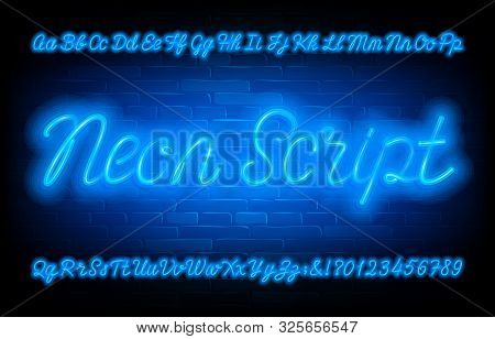 Neon Script Alphabet Font. Blue Neon Light Uppercase And Lowercase Letters And Numbers On Brick Wall