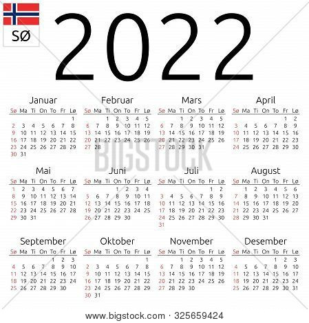 Simple Annual 2022 Year Wall Calendar. Norwegian Language. Week Starts On Sunday. Highlighted Sunday