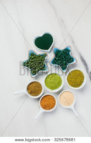 Superfood Smoothie Boosters, Various Dietary Supplements In Bowls