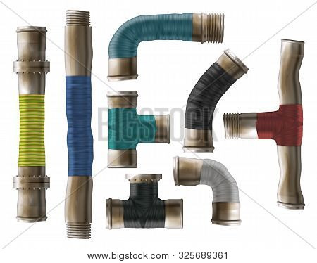 Old, Rusty Pipes Rolled With Color Repair Tape Set. Damaged Metal Pipeline Elements, Repaired Old Tu