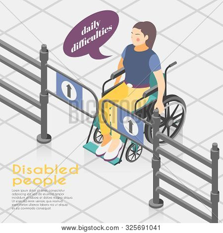 Disabled People Difficulties Isometric Background Composition With Wheelchair Bound Woman Unable To 