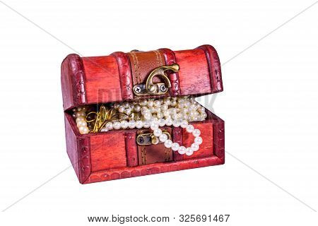 Old Box Of Red Wood Full Of Jewelry Isolated On Ehite Background. Treasure Chest