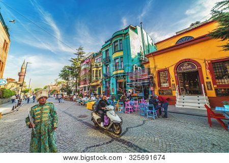 Istanbul, Turkey: Street With Colorful Houses And Multicolor Cafe In Istanbul, Sultanahmet. This Is 