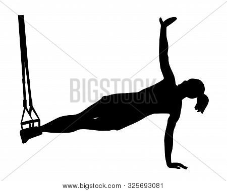 Side View Of Woman Standing In Side Plank While Doing Trx Exercises With Rope Isolated On White.