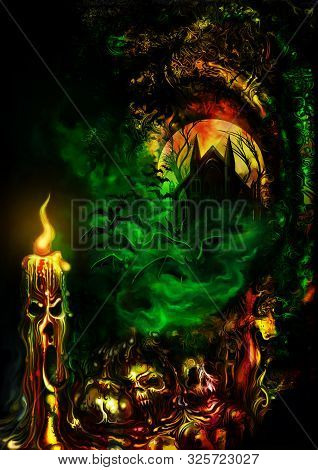 Halloween Illustration With A Haunted Mansion, Ghost Skulls, Posessed Candle And Bats. Digital Paint