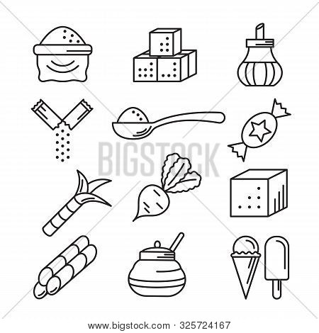 Sugar Icons Line Art Vector Illustration Isolated On White Background. Signs Of Sugar-bowl, Cane And