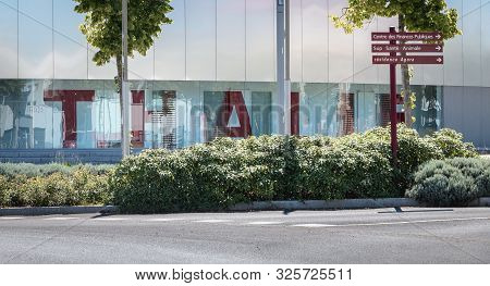 Architectural Detail Of The Modern Thalie Theater In  Montaigu, France