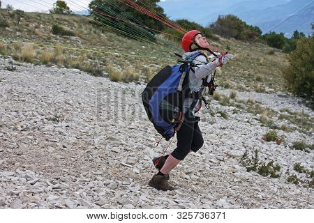 Paraglider Launching On The Chabre Mountain, France