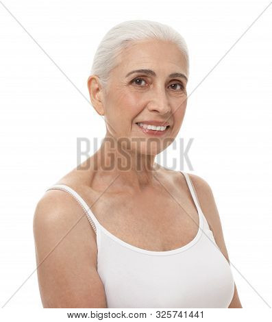 Portrait Of Beautiful Mature Woman On White Background