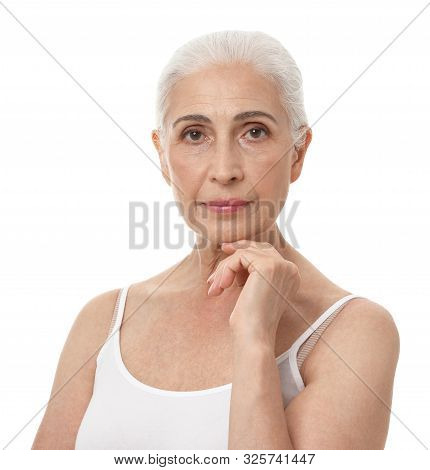 Portrait Of Beautiful Mature Woman On White Background
