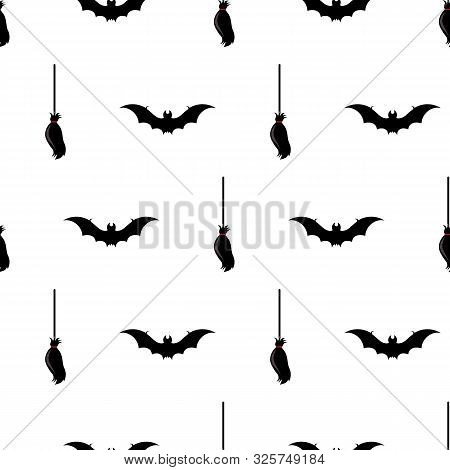 Halloween Vector Background With Bats And Brooms In Black, Red And White. Seamless Pattern For Fabri