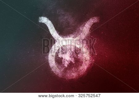 Taurus Zodiac Sign White Red. Night Sky Abstract Background