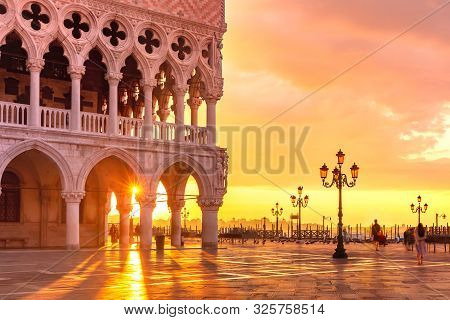 Doge Palace Or Palazzo Ducale And Piazzeta San Marco At Sunrise In Venice, Italy