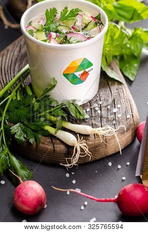 Russia St. Petersburg Greenbox 01102019 Okrosha Soup Fresh Cucumbers, Radish, Herbs, In A Cardboard 