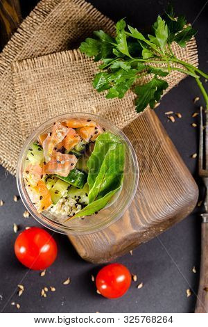 Russia St. Petersburg Greenbox 01102019 Italian Salad With Olives, Cereals, In A Plastic Container, 