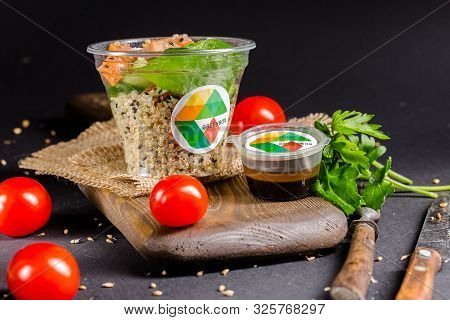 Russia St. Petersburg Greenbox 01102019 Italian Salad With Olives, Cereals, In A Plastic Container, 
