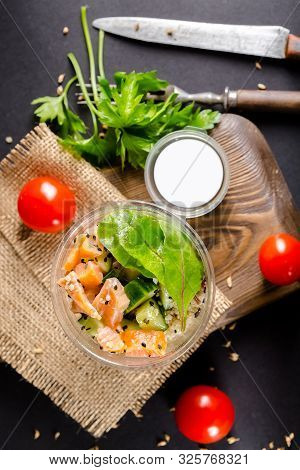 Russia St. Petersburg Greenbox 01102019 Italian Salad With Olives, Cereals, In A Plastic Container, 