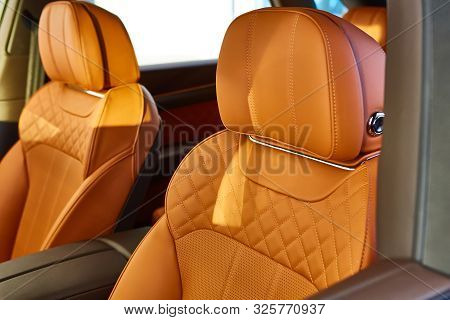 Car Leather Headrest. Interior Detail. Shallow Dof.