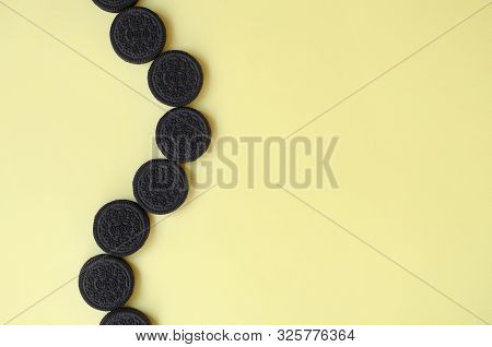 Kharkov, Ukraine - September 8, 2019: Many Oreo Sandwich Cream Biscuits On Yellow Background. Oreo I