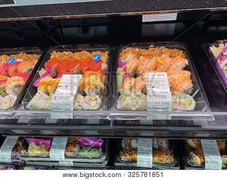Orlando,fl/usa -10/4/19:  Fresh And Handmade Sushi In The Refridgerated Aisle Of A Sams Club Grocery