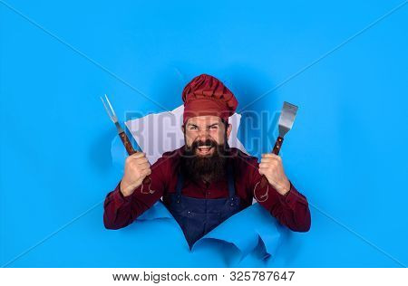 Grill Cook. Chef Man With Bbq Cooking Tools. Barbecue Chef Looking Through Paper Hole. Picnic&barbec