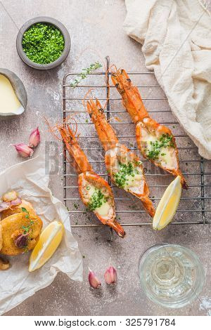 Grilled Tiger Shrimps With Beurre Blanc, Top View