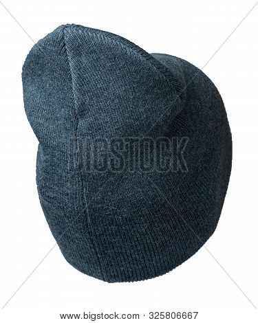 Blue Hat Isolated On White Background .knitted Hat Back Side View.