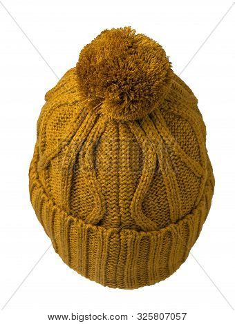 Knitted Yellow Hat Isolated On White Background.hat With Pompon Front Top Back View .