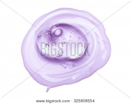 Squeezed cosmetic clear cream gel texture Iisolated on white background. Close up photo of transparent drop of skin care product. High Quality transparent gel with bubbles closeup on white background.