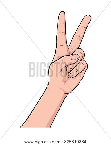 Hand Gesture Peace Comic Book Pop Art Isolated. Like Positive Fist. Sketch Cartoon Retro Peace Gestu
