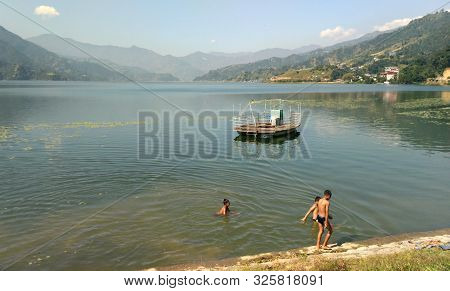 Pokhara, Nepal - November 4, 2017: The Athmosphere Around Phewa Lake Pokhara Nepal.