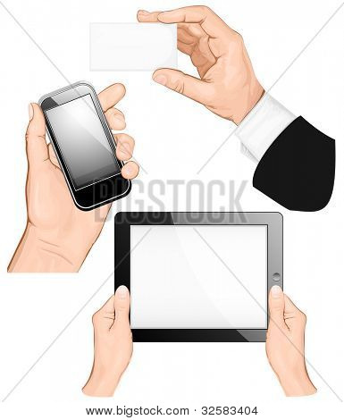 Set di mani holding business card, tablet pc, cellulare. illustrazione vettoriale