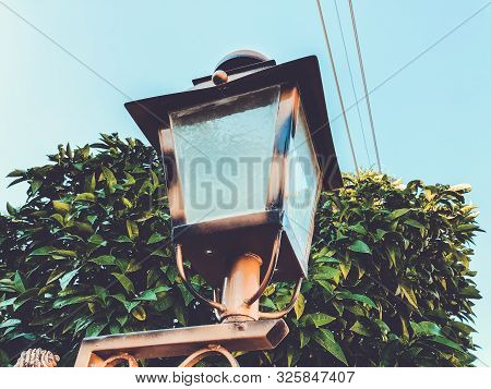 Street Light During The Day. Old Lamppost On The Street Against The Background Of Nature