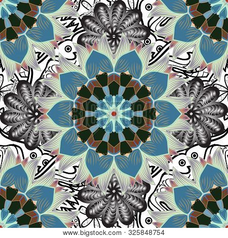 Fancy Fabric Pattern. Flat Flower Elements Design. Colour Spring Theme Seamless Pattern Background. 