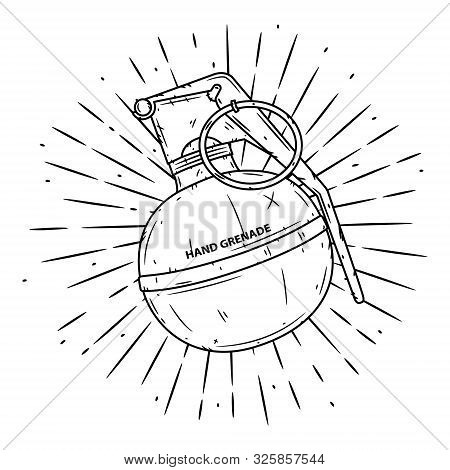 Grenade. Hand Drawn Vector Illustration With A Grenade And Divergent Rays. Used For Poster, Banner, 
