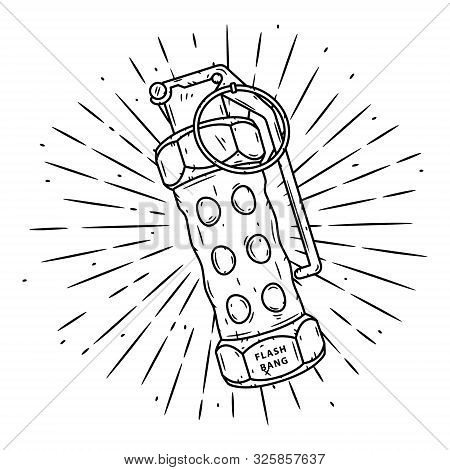 Flash Grenade. Hand Drawn Vector Illustration With A Grenade And Divergent Rays. Used For Poster, Ba