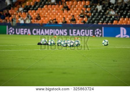VALENCIA, SPAIN - OCTUBER 2: Official ball during UEFA Champions League match between Valencia CF and AFC Ajax at Mestalla Stadium on Octuber 2, 2019 in Valencia, Spain