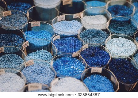 Colorful Glass Beads Pattern. Beading. Variety Of Color Beads In Handmade Shop.
