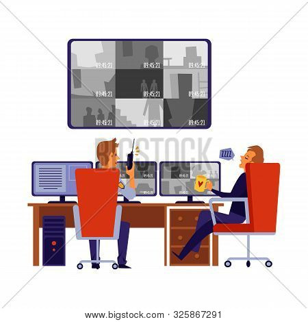 Security Room With Professional Staff Flat Cartoon Vector Illustration Isolated.