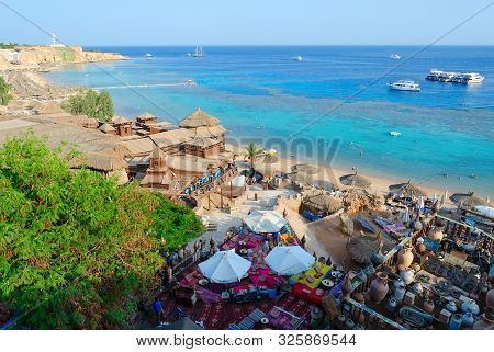 Sharm El Sheikh, Egypt - September 19, 2019: Beautiful Top View Of Popular Farsha Cafe On Shore Of R