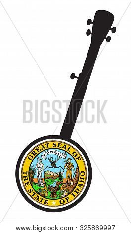 A Typical Five String Banjo In Silhouette On A White Background Woth The Icon From The State Seal Of
