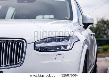 France Lyon 2019-06-18 Closeup Front Part Of Car, Bumper Of Sedan Premium Volvo Xc90 With Eu Licence