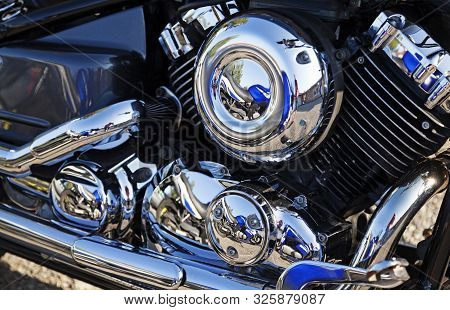 Umea, Sweden - August 24, 2019: Part Of A Motorcycle Engine, An American Classic With A Lot Of Chrom