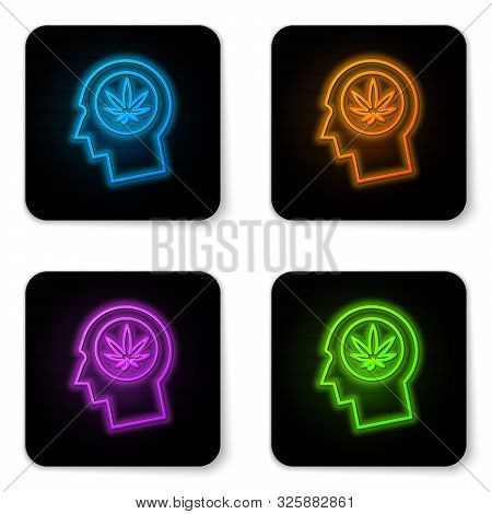 Glowing Neon Silhouette Of Male Head In Profile With Marijuana Or Cannabis Leaf Icon Isolated On Whi