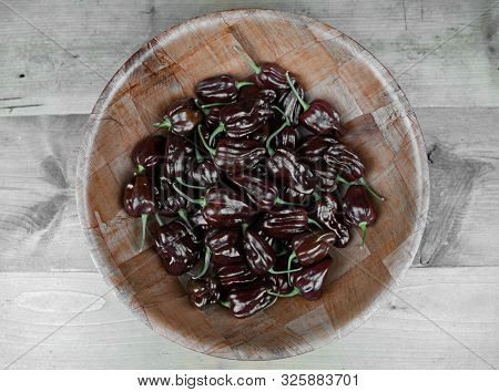 A Bowl Of Chocolate Habanero Peppers (capsicum Chinense) On A Wooden Table. Chocolate Brown Hot Chil