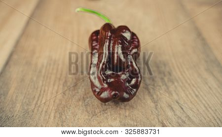 Photo Of Chocolate Habanero Pepper (capsicum Chinense) On A Wooden Table. Chocolate Brown Hot Chili 