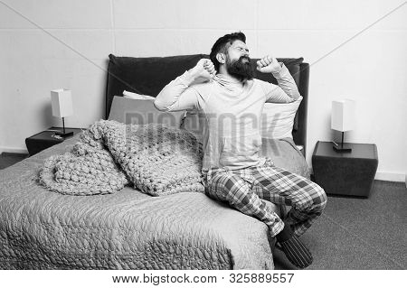Problem With Early Morning Awakening. Get Up Early. Tips For Waking Up Early. Man Bearded Hipster Sl