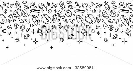 Crystal Seamless Border. Hand Drawn Background With Gemstones.