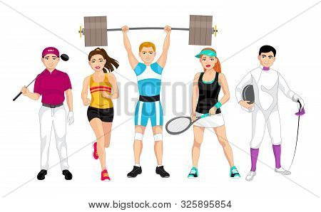 Set Of People Related To The Different Sports Such As Golf, Running, Weightlifting, Tennis And Fenci