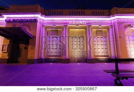 Ajaccio, Corsica Island, France-august 11, 2019 : The Municipal Casino Of Ajaccio City At Night , Co
